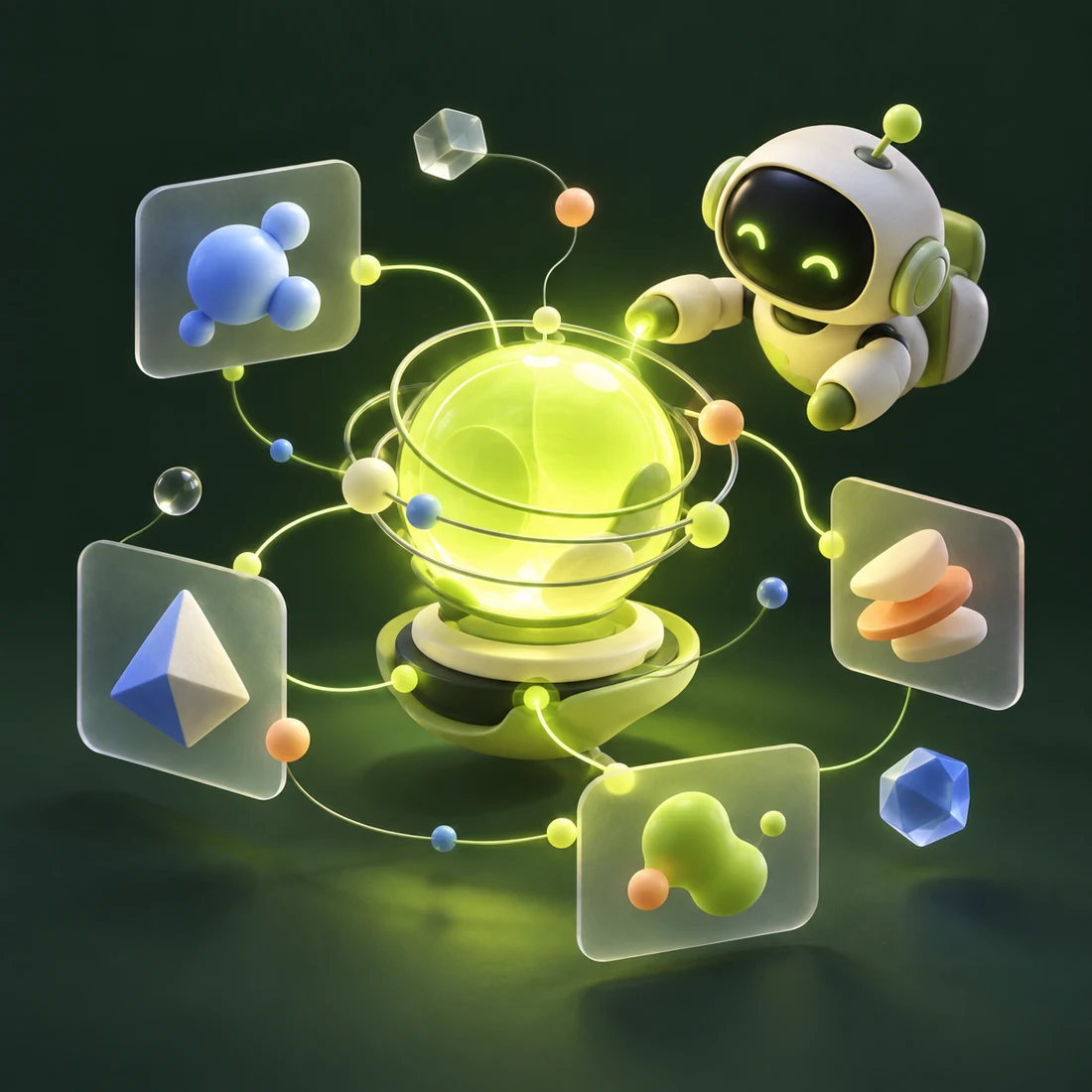 A friendly AI companion connecting colorful examples around a glowing learning core